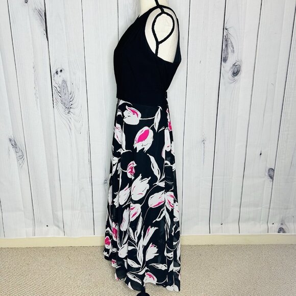 52seven Black Floral Maxi Halter Dress Sz 14 Keyhole Back Sleeveless Stretch - Picture 6 of 12